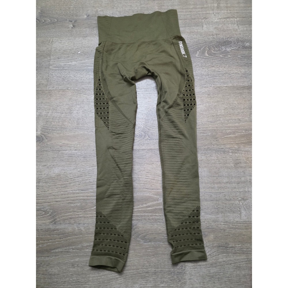 Gymshark Energy+ Seamless Leggings Olive Green High Waisted Eyelet Mesh Yoga XS‎